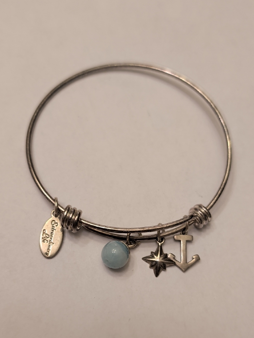 Sterling Silver Anchor & Star Charm Bangle with Pale Blue Bead